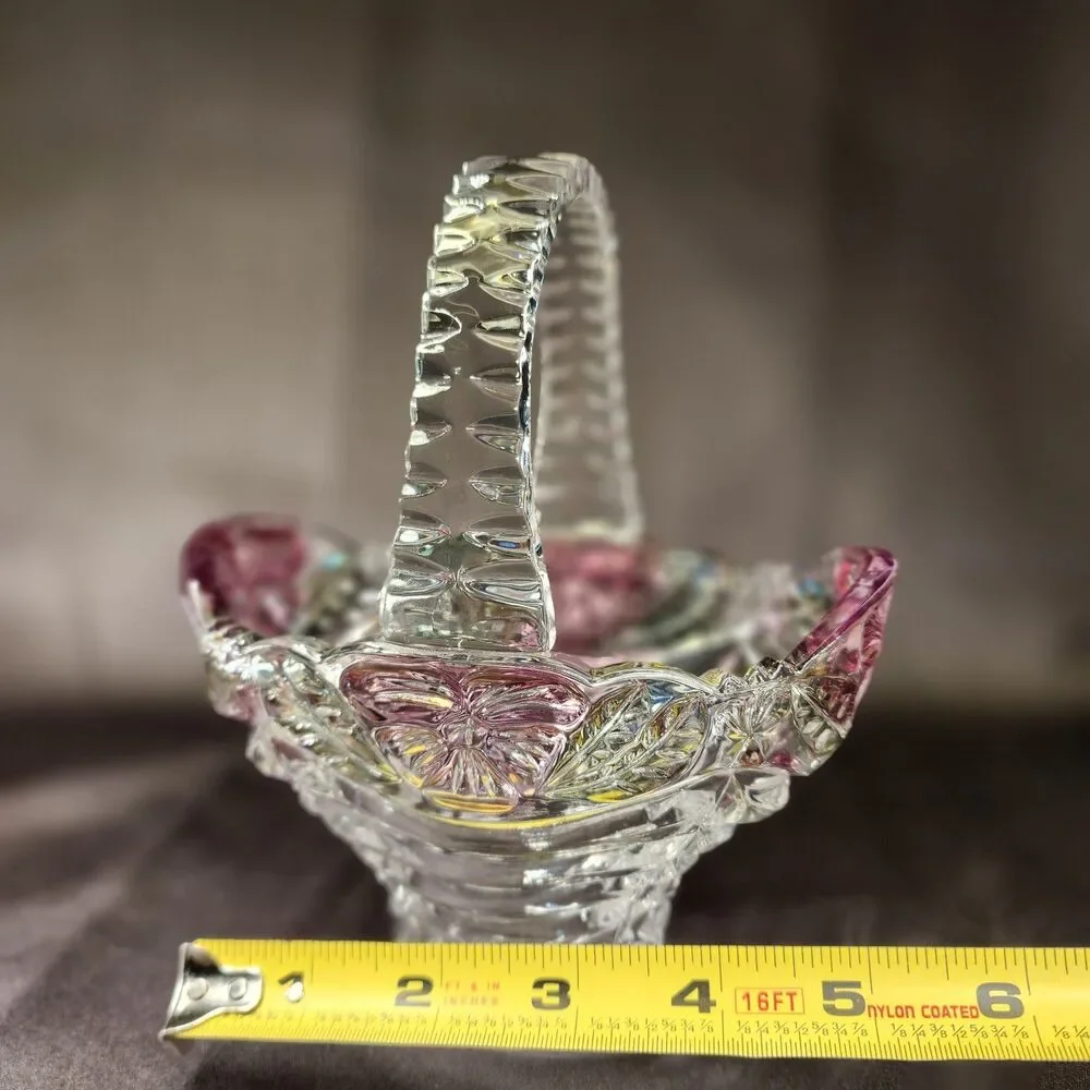 Vtg Anna Hutte Bleikristall Crystal basket Pink flowers  7